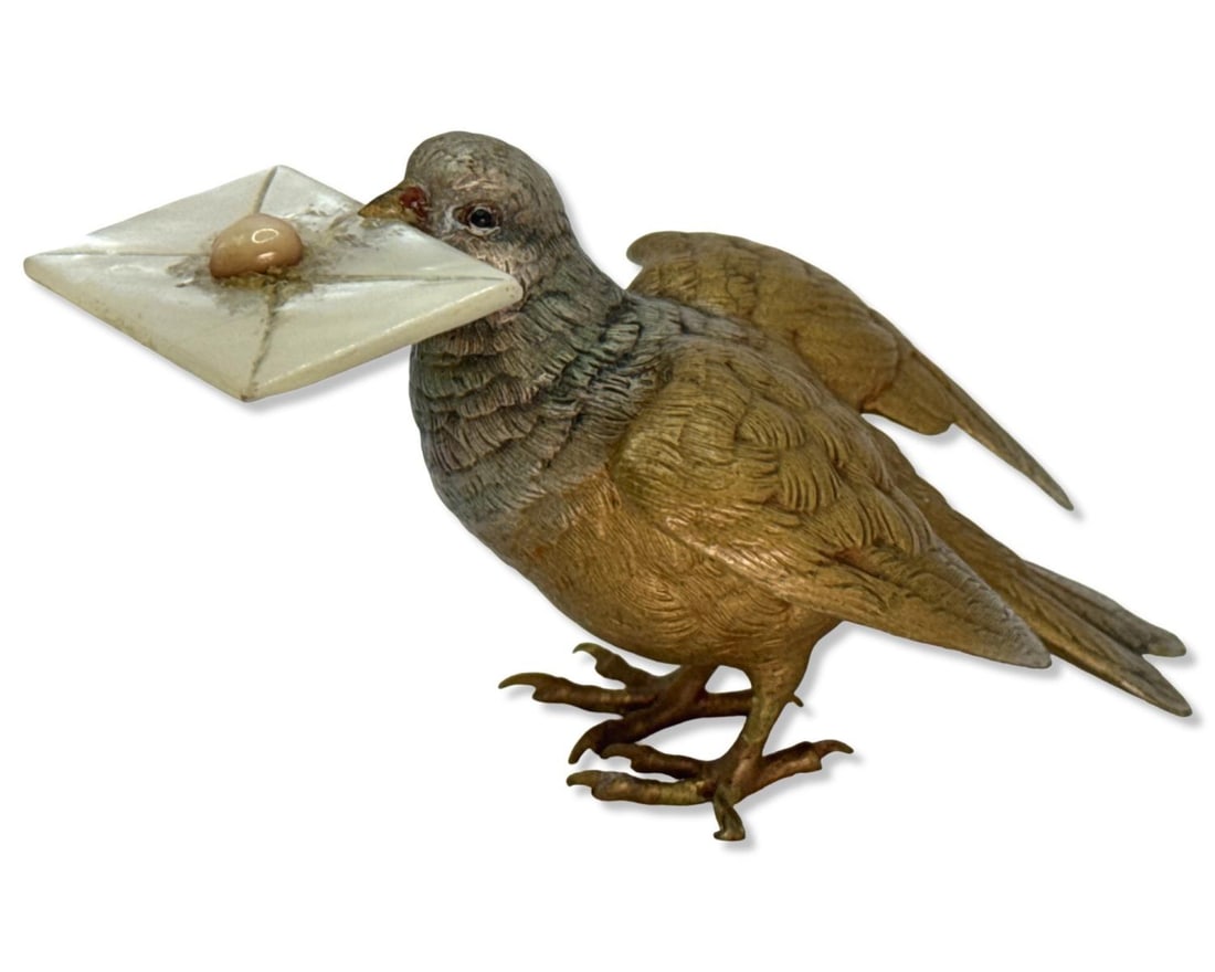 Franz Bergmann (Austria, 1861-1936) Cold Painted Love Bird with Mother of Pearl Love Letter Bronze: Franz Bergmann (Austria, 1861-1936) Cold Painted Love Bird with Mother of Pearl Love Letter Bronze Sculpture measures H: 2" x W: 3 3/4"