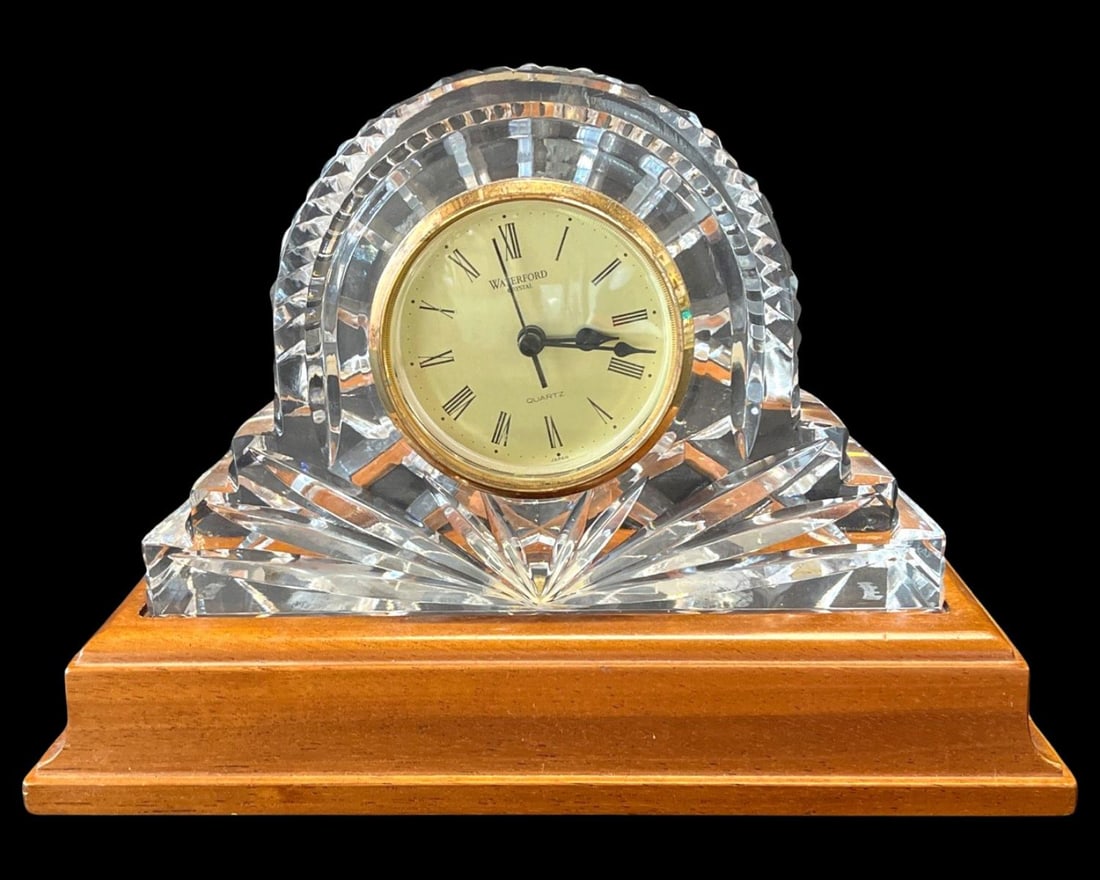 Waterford Crystal Clock on Wood Stand: Waterford Crystal Clock on Wood Stand measures H: 4 1/4" x L: 7 1/4"
