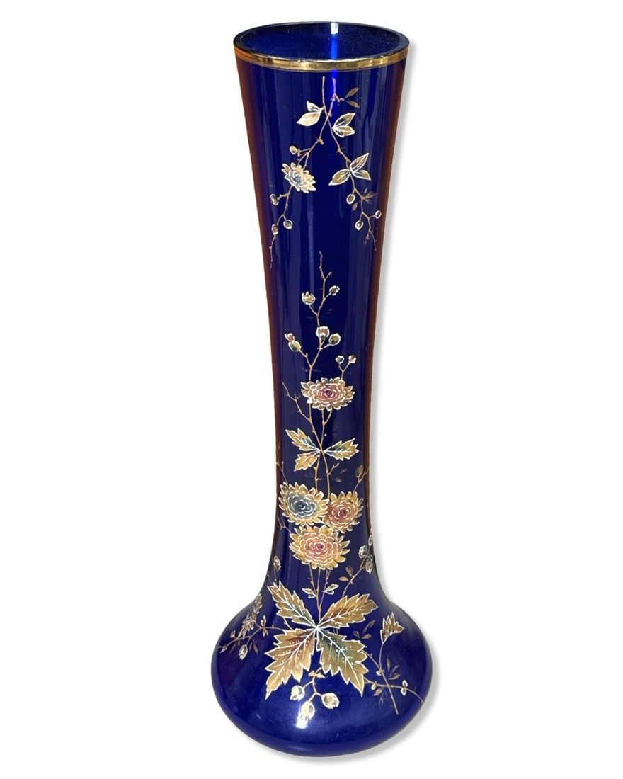 Antique Cobalt Colored Glass Flower Vase Featuring Gilt Floral Detailing Throughout: Antique Cobalt Colored Glass Flower Vase Featuring Gilt Floral Detailing Throughout measures H: 15 1/4" x DIA: 5 3/8"