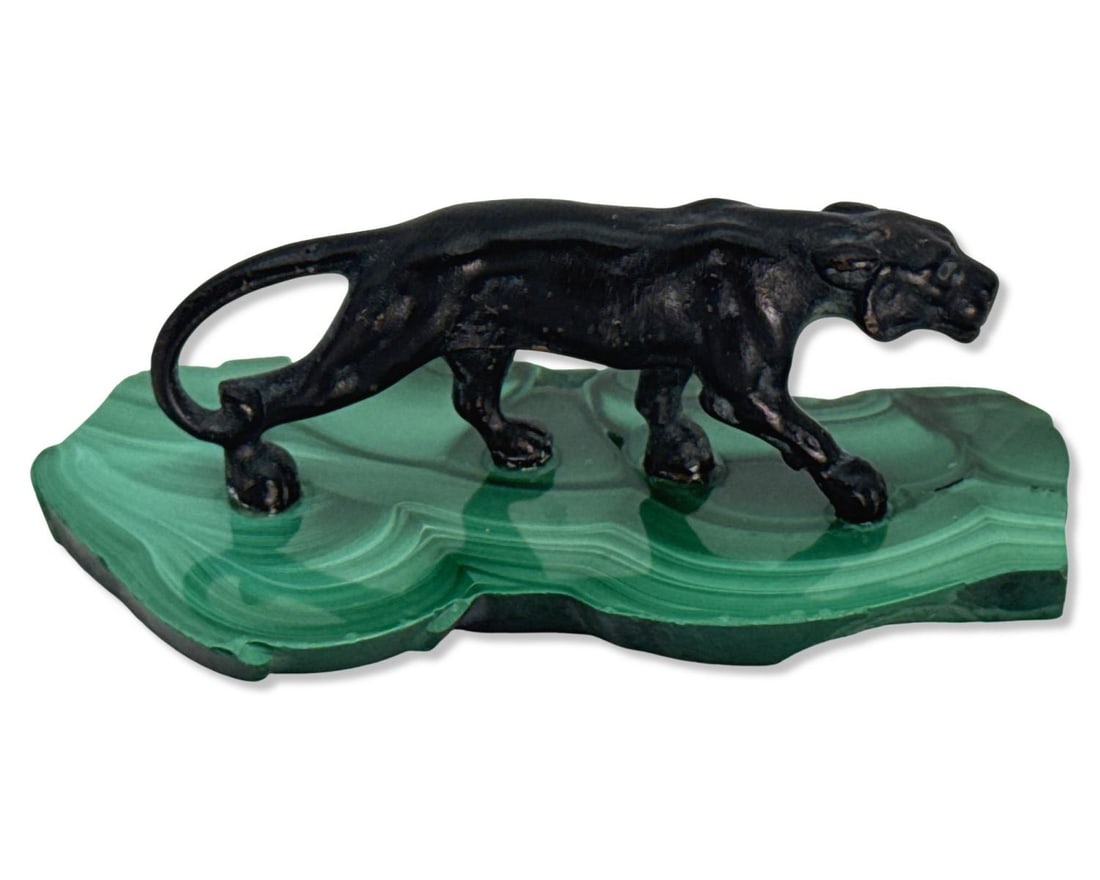 Antique Austrian Bronze Miniature Panther Sculpture on Carved Malachite Base: Antique Austrian Bronze Miniature Panther Sculpture on Carved Malachite Base measures H: 7/8" x W: 2 1/2"