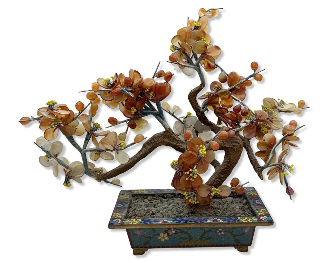 Chinese Jade & Carnelian Bonsai Tree in Cloisonne Enamel Planter (1 of 2)