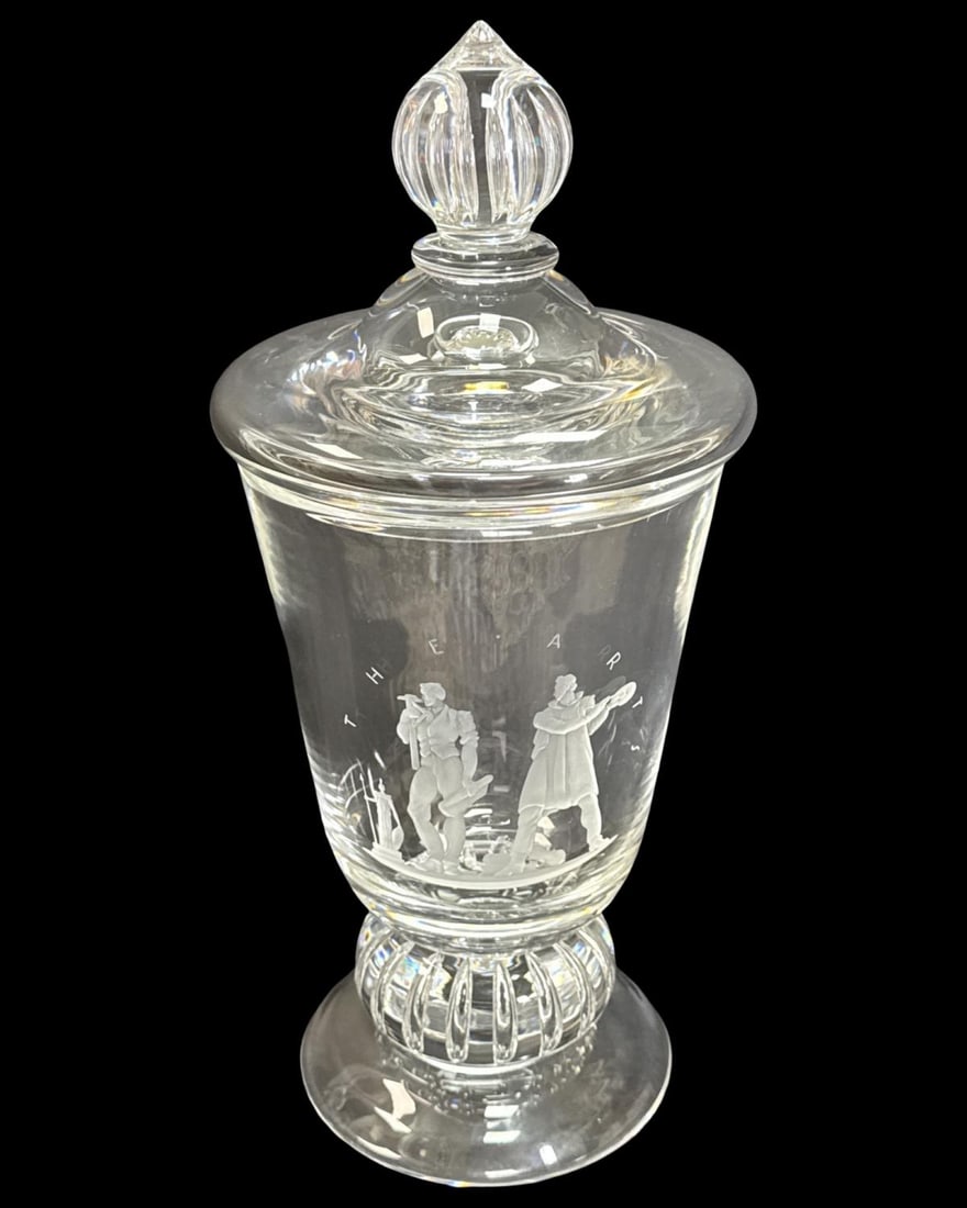 Rare Signed Steuben Clear & Frosted Crystal The Arts Lidded Vase: Rare Signed Steuben Clear & Frosted Crystal The Arts Lidded Vase. Vase measures H: 8" x DIA: 5", lid measures H: 4 1/2". Includes original presentation box