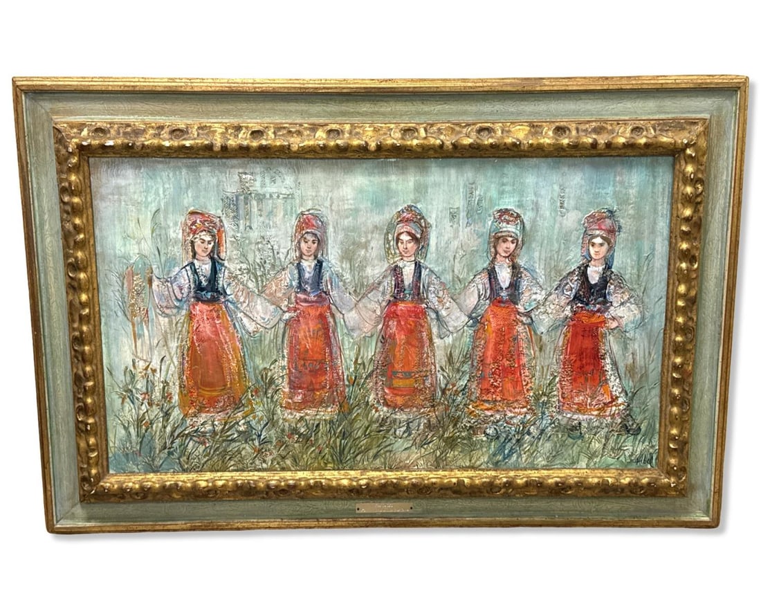 Signed Edna Hibel (American, 1917-2014) Oil Painting on Fresco Board Greek Dancers: Signed Edna Hibel (American, 1917-2014) Oil Painting on Fresco Board Greek Dancers. Signed lower right, measures H: 15 3/4" x W: 27 3/4", 4" frame