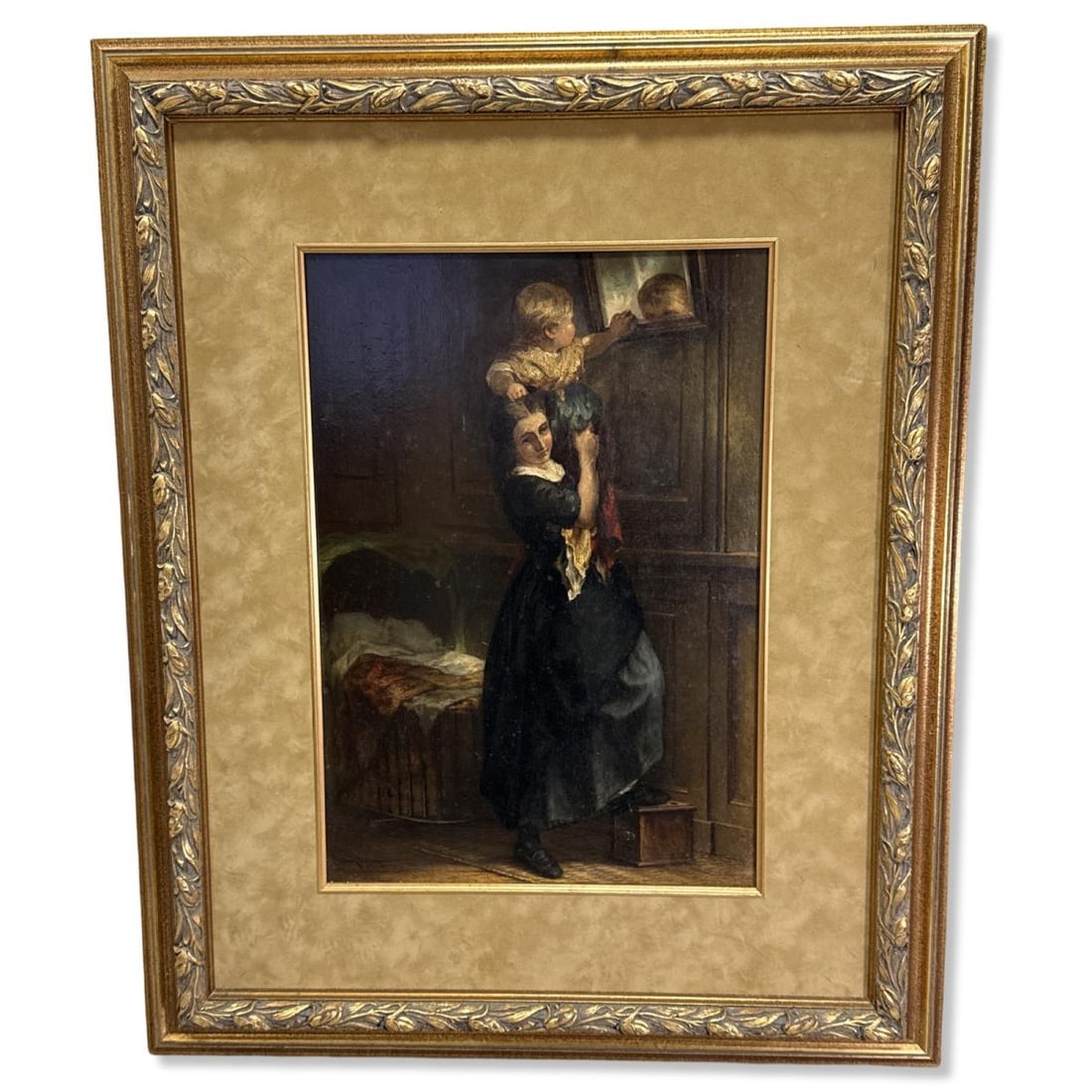 Artist Signed Antique Old Master Oil Painting Mother with Child: Artist Signed Antique Old Master Oil Painting Mother with Child. Signed lower left, measures H: 16 5/8" x W: 11 3/8", 5 1/8" frame & matte