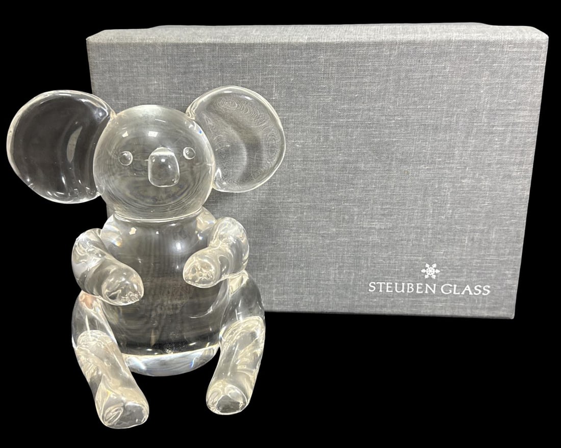 Signed Steuben Glass Koala Bear Figurine: Signed Steuben Glass Koala Bear Figurine. Signed on bottom, measures H: 5 3/4" x W: 4". Includes original box