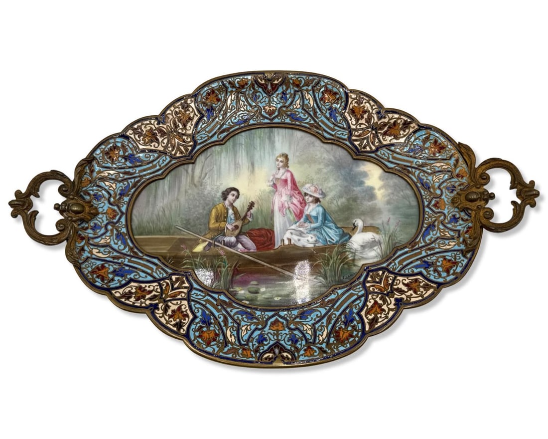 Antique French Style Champleve Enamel, Hand Painted Porcelain, & Brass Serving Tray: Antique French Style Champleve Enamel, Hand Painted Porcelain, & Brass Serving Tray measures H: 2" x W: 15" x L: 9 1/4"