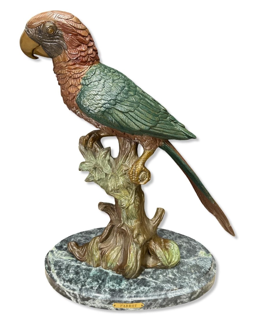 After Carl Kauba (Austrian, 1865-1922) Cold Painted Polyhcrome Bronze Sculpture of a Parrot on a: After Carl Kauba (Austrian, 1865-1922) Cold Painted Polyhcrome Bronze Sculpture of a Parrot on a Marble Base measures H: 17 3/4" x W: 12"