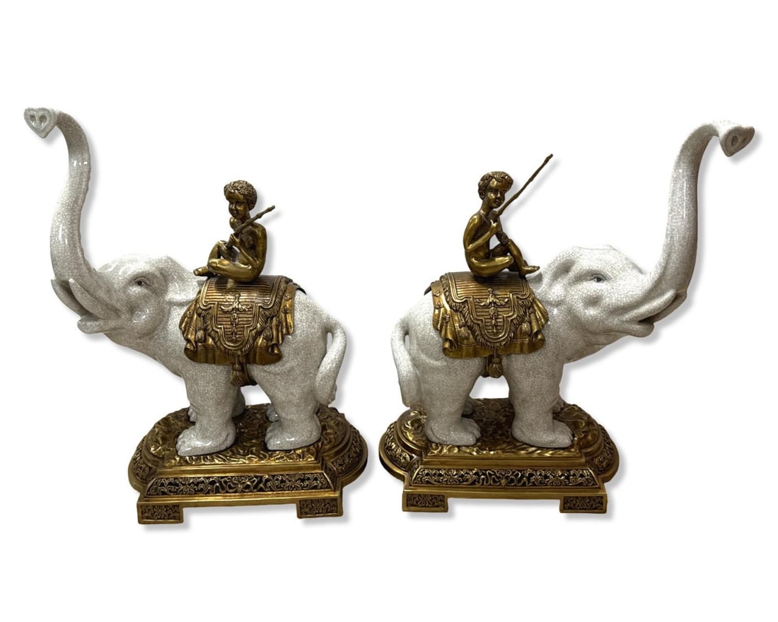 Pair of Chinese JUWC Porcelain & Bronze Crackle Motif Centerpiece Sculptures of Children Sitting on (1 of 4)