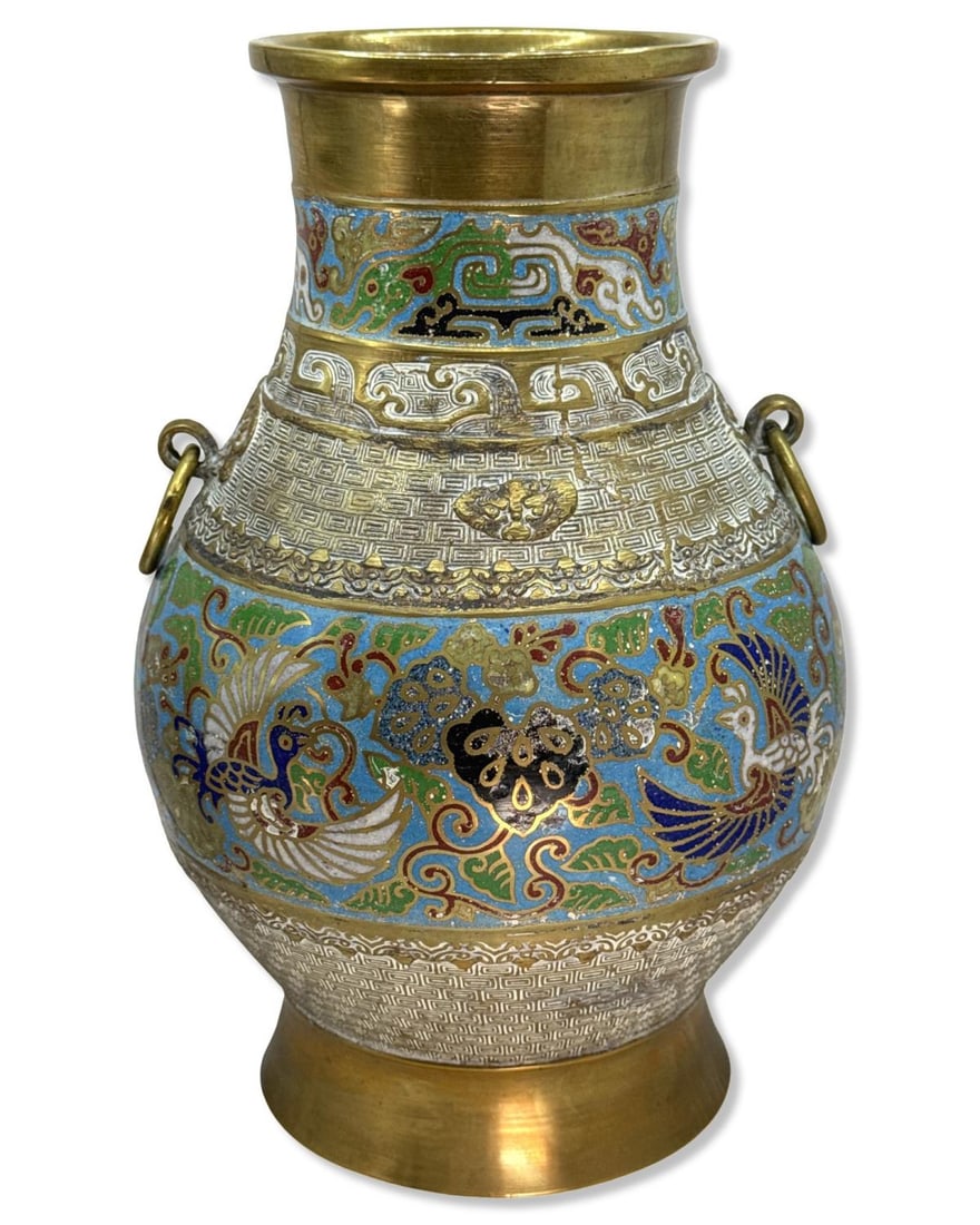 Antique Japanese Cloisonne Enamel & Bronze Vase Featuring a Floral & Peacock Motif Throughout (1 of 3)