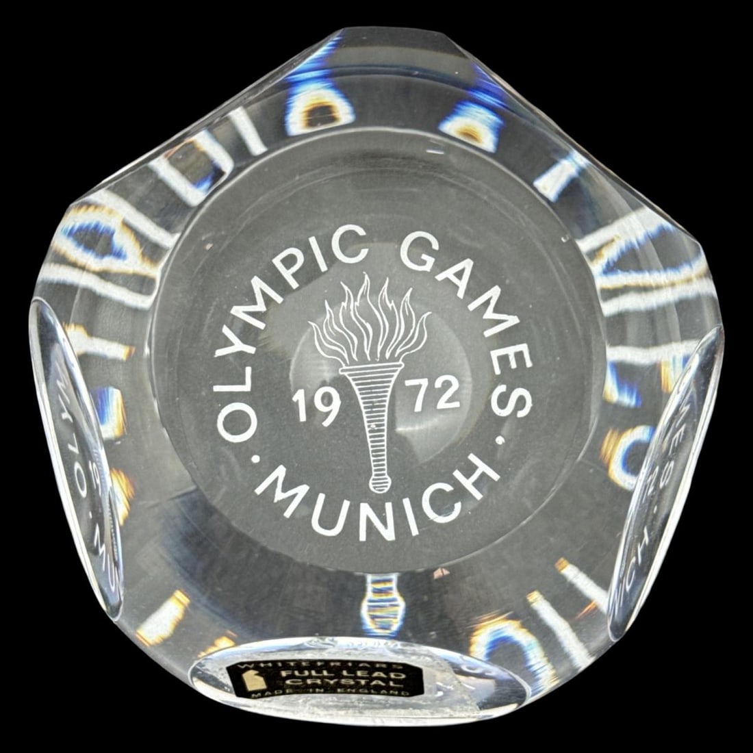 Whitefriars 1972 Munich Olympic Games Paperweight: Whitefriars 1972 Munich Olympic Games Paperweight. Numbered "159" on bottom, measures H: 2 1/8" x DIA: 3 1/8"