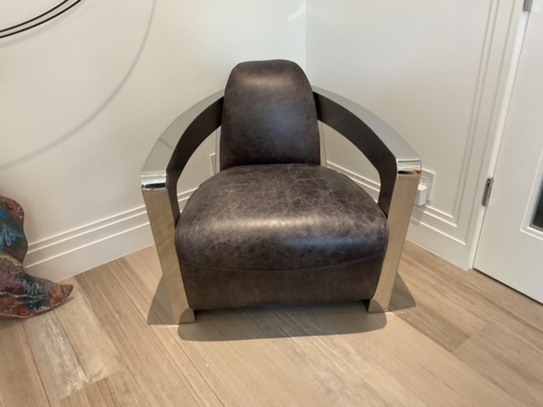 Metal & Brown Leather Arm Chair: Metal & Brown Leather Arm Chair H: 28 1/4" x W: 30 1/2" x L: 33"