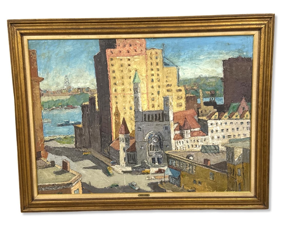 Signed Harry Hering (American, 1887-1967) Cityscape Oil Painting on Board: Signed Harry Hering (American, 1887-1967) Cityscape Oil Painting on Board. Signed lower right. Total measurement H: 42 5/8" x W: 56 1/8", subject H: 34 3/8" x W: 47 1/2"