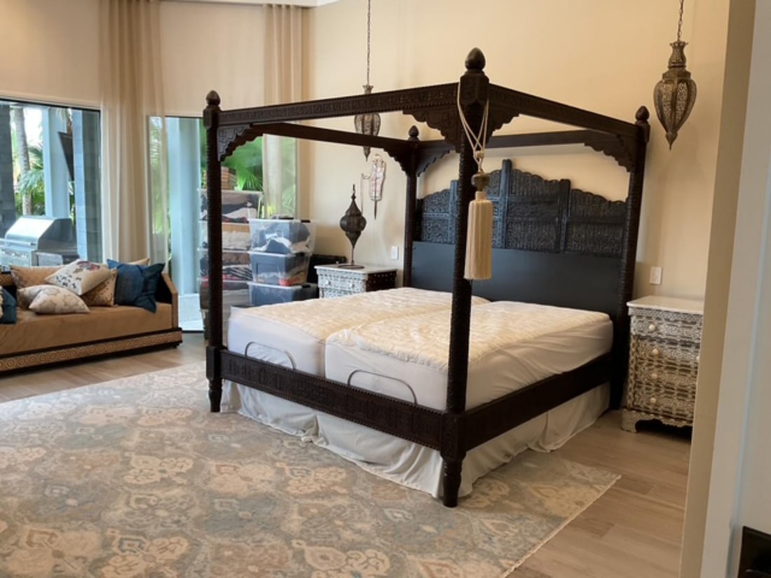 Moroccan King Size Canopy Bed in Natural Wood Color: Moroccan King Size Canopy Bed in Natural Wood Color H: 84" x W: 83" x L: 88". Original retail price of $3,689.00