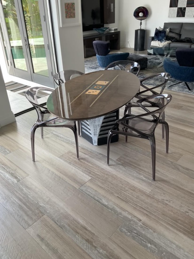 Lot of Six Polycarbonate Graphite Clear Grey Armchairs: Lot of Six Polycarbonate Graphite Clear Grey Armchairs. Original retail price of $2,640.00