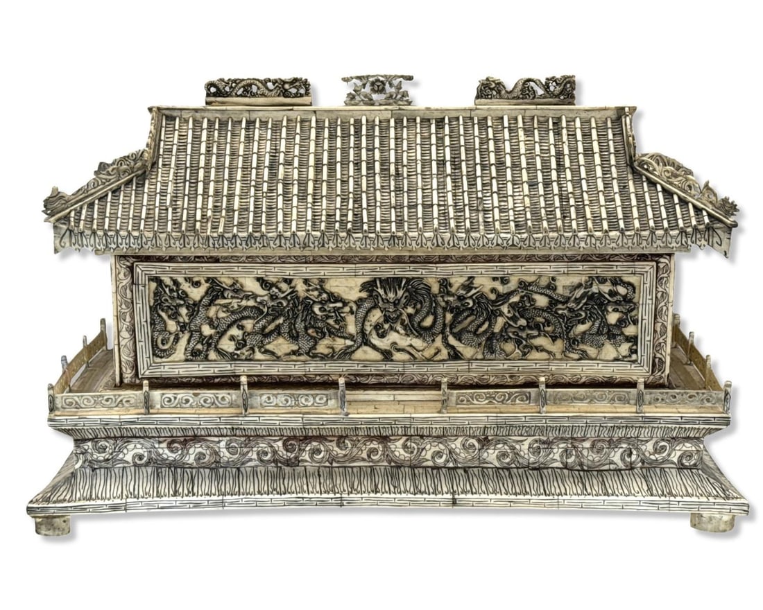 Antique Chinese Monumental Carved Bone Temple Feauring a Mythical Dragon Motif Throughout: Antique Chinese Monumental Carved Bone Temple Feauring a Mythical Dragon Motif Throughout measures H: 16 1/2" x W: 25 3/4" x L: 10 1/4"