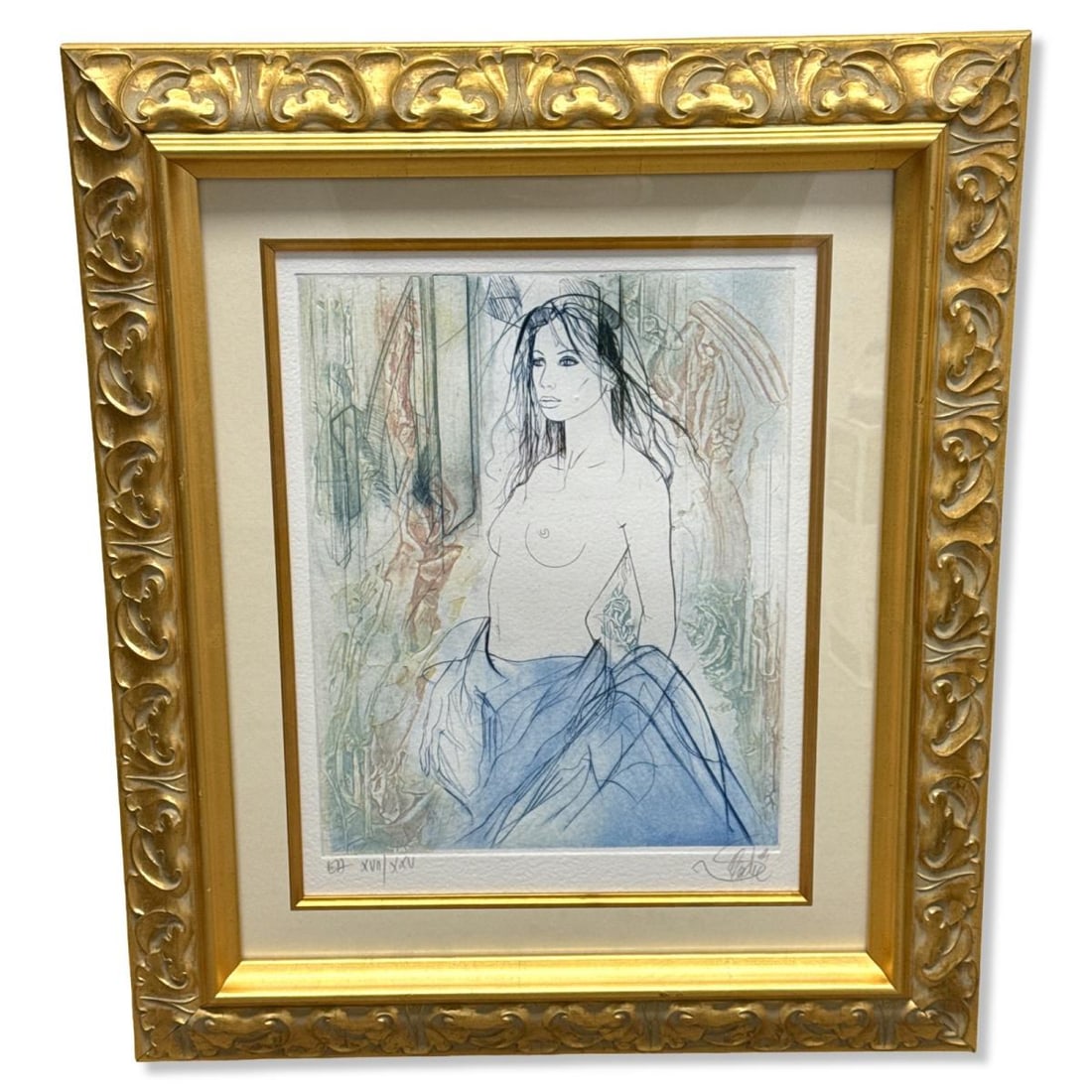 Signed Jean Baptiste Valadie (French, b. 1933) Original Etching in Color Ludmilla: Signed Jean Baptiste Valadie (French, b. 1933) Original Etching in Color Ludmilla. Signed lower right, measures H: 16 1/4" x W: 12 5/8", 4 3/4" frame & matte. Includes COA and original purchase invoic