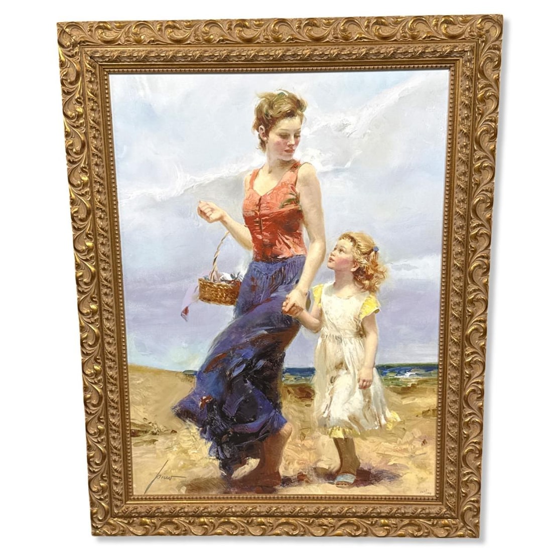 Signed Pino (1939-2010) Giclee on Canvas Affection: Signed Pino (1939-2010) Giclee on Canvas Affection. Signed lower left & numbered 267/295, measures H: 39 3/8" x W: 29 1/4", 4 1/2" frame