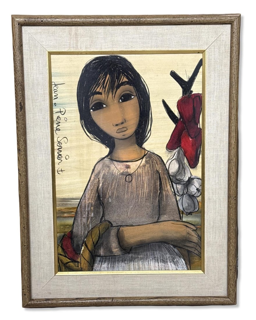 Signed Jean Pierre Serrier (French, 1934-1989) Whimsical Style Woman's Portrait Oil Painting on: Signed Jean Pierre Serrier (French, 1934-1989) Whimsical Style Woman's Portrait Oil Painting on Board. Signed upper left, measures H: 18 7/8" x W: 12 5/8", 3 1/2" frame & matte. Features paint loss th
