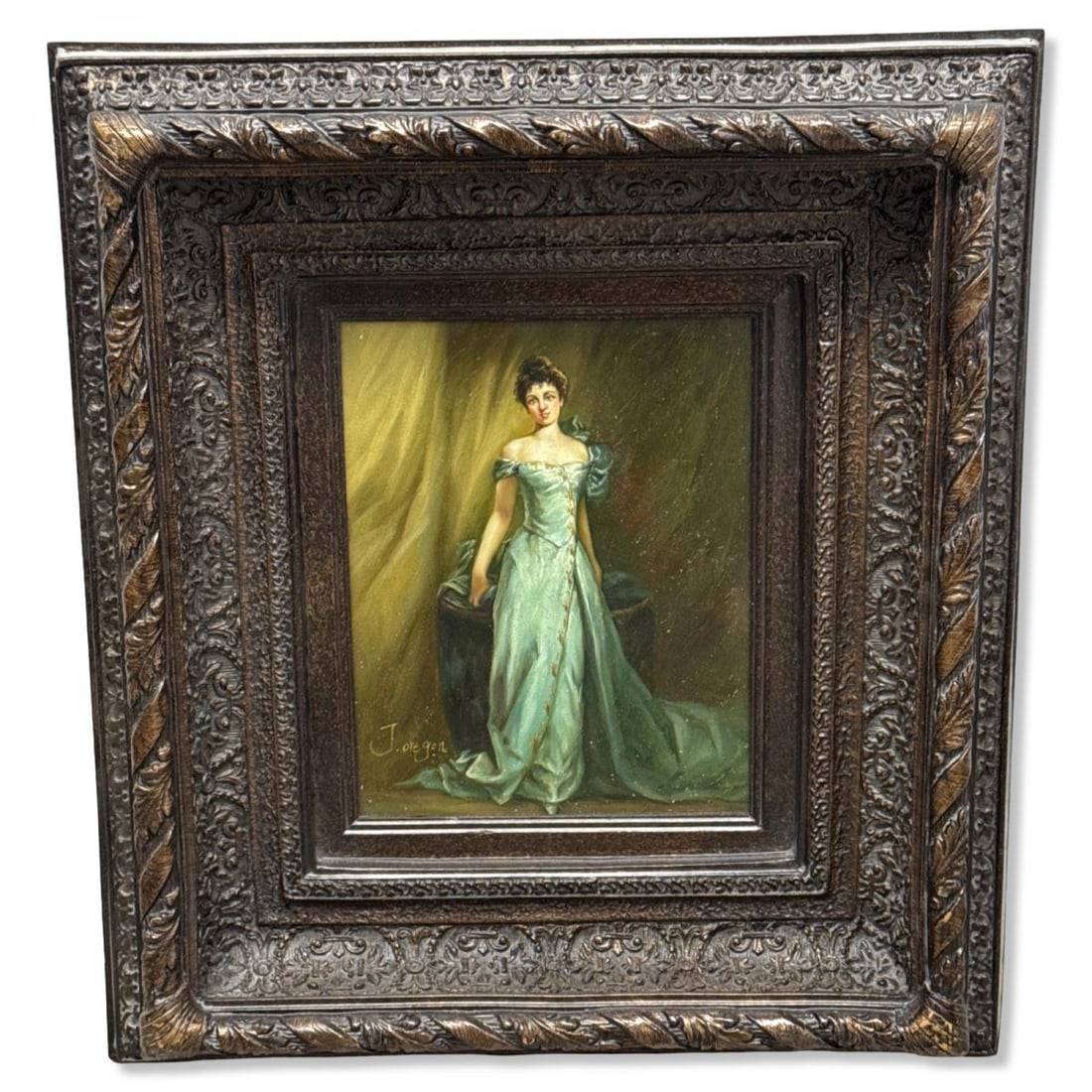 Signed J. Oregon Oil Painting on Canvas of a Woman in a Dress: Signed J. Oregon Oil Painting on Canvas of a Woman in a Dress. Signed lower left, measures H: 9 3/4" x W: 7 3/4", 4 3/4" frame
