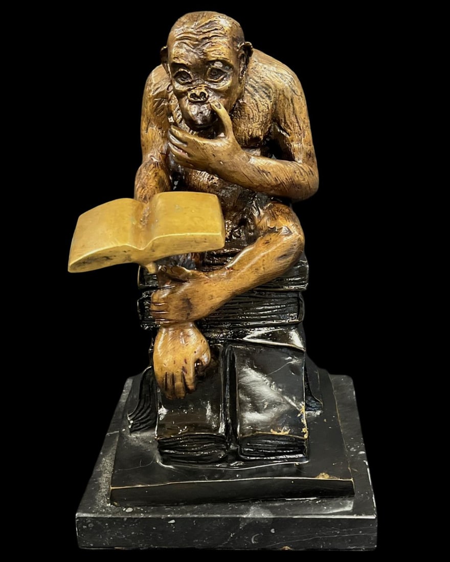 Signed J.J. Dire Monkey with a Book Bronze on Marble Base: Signed J.J. Dire Monkey with a Book Bronze on Marble Base measures H: 11"