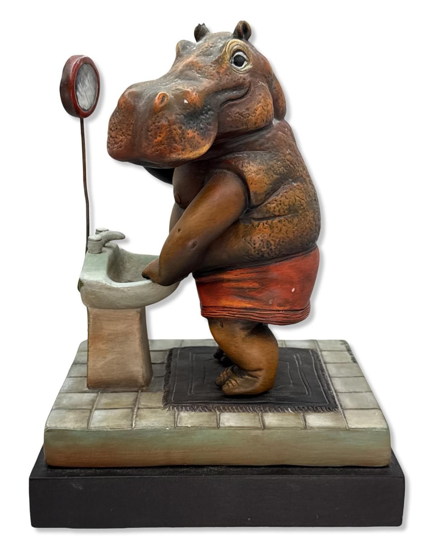 Signed Sergio Bustamante (Mexican, b. 1949) Ceramic Sculpture of a Whimsical Hippo Shaving on a (1 of 5)