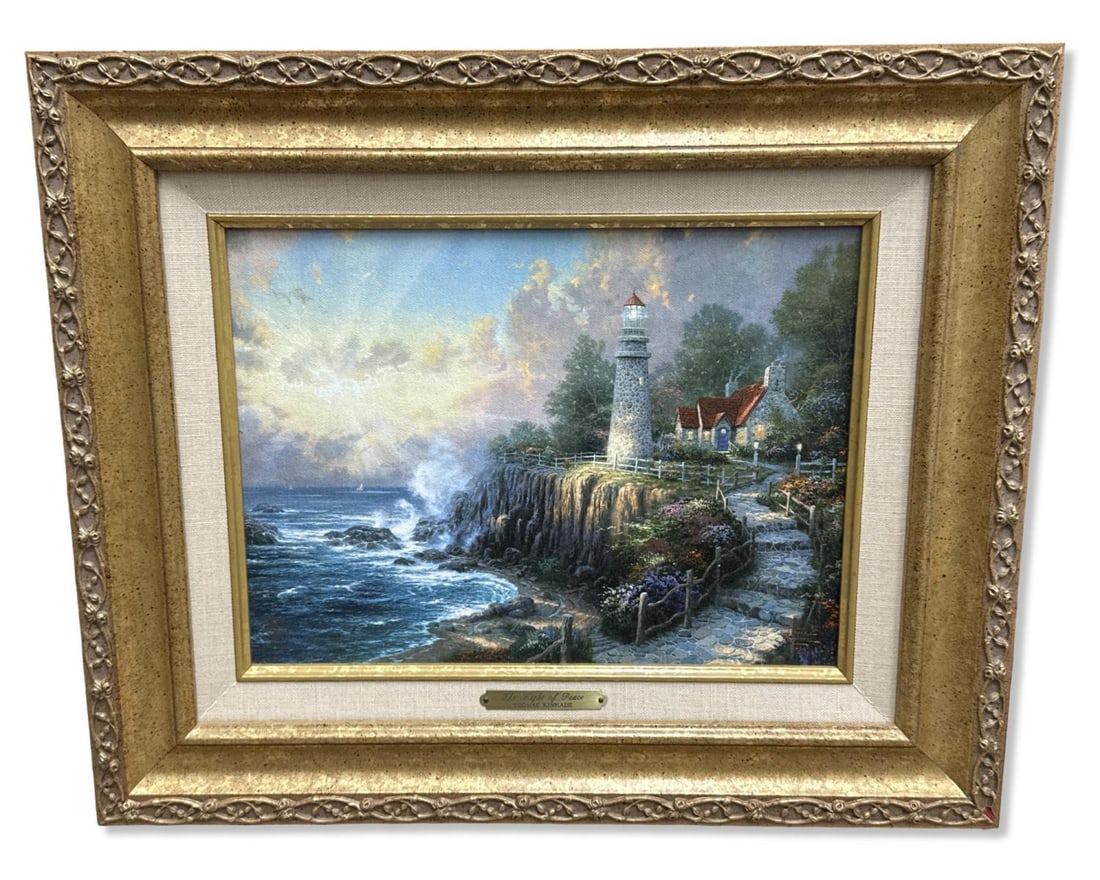 Signed Thomas Kinkade (American, 1958-2012) Print on Board the Light of Peace: Signed Thomas Kinkade (American, 1958-2012) Print on Board the Light of Peace. Total measurement H: 14 1/2" x W: 17 1/2", subject measures H: 8 1/2" x W: 11 1/2". Includes COA