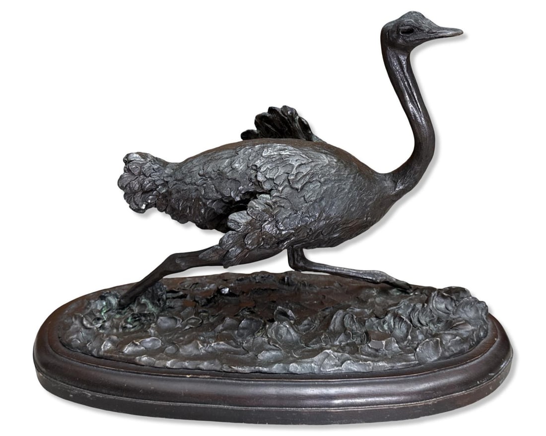 Signed Robert Glen (Kenyan, 1940-2023) Bronze Sculpture on Wood Base of an Ostrich Running: Signed Robert Glen (Kenyan, 1940-2023) Bronze Sculpture on Wood Base of an Ostrich Running. Signed, dated 1975, and numbered 4/10 measures H: 12 3/4" x W: 17" x L: 8 1/2"