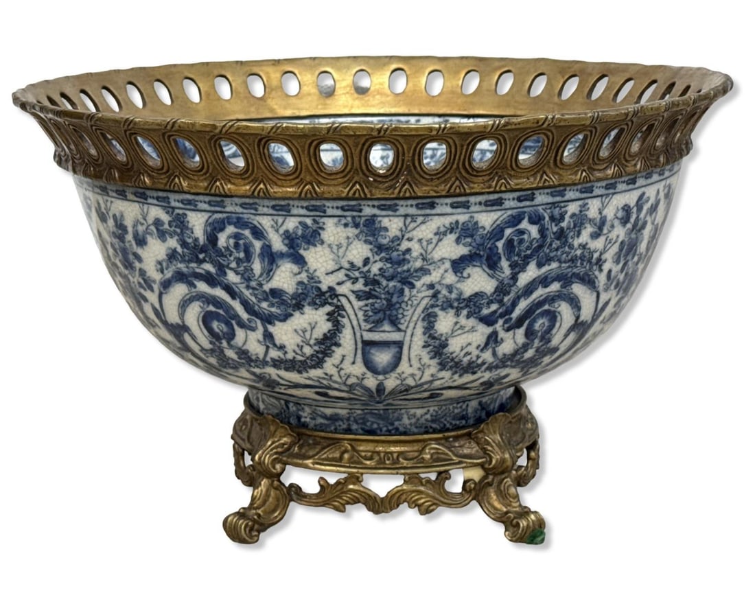 Chinese JUWC Blue & White Porcelain & Bronze Mounted Footed Centerpiece Bowl (1 of 4)