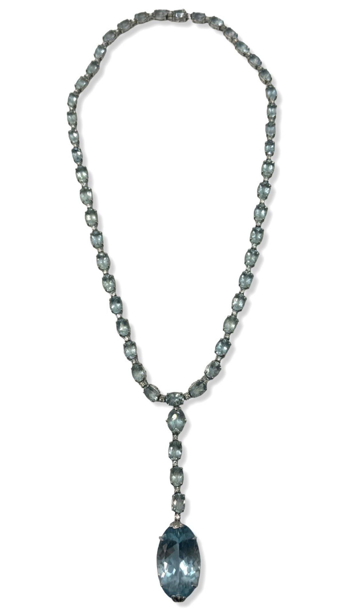18kt WG, Aquamarine, & Diamond Necklace: 18kt WG, Aquamarine, & Diamond Necklace measures L: 10 1/4", weighs 23.55dwt