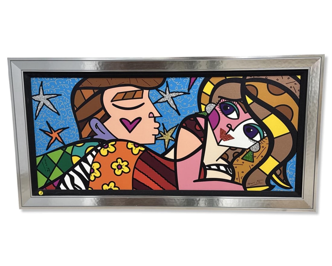 Signed Romero Britto (Brazilian, b. 1963) Sweet Talk 2016 Silkscreen Print on Canvas: Signed Romero Britto (Brazilian, b. 1963) Sweet Talk 2016 Silkscreen Print on Canvas. Signed, dated, and numbered 59/300. Total measurements H: 26 1/4" x W: 51 1/4", subject H: 20" x W: 45"