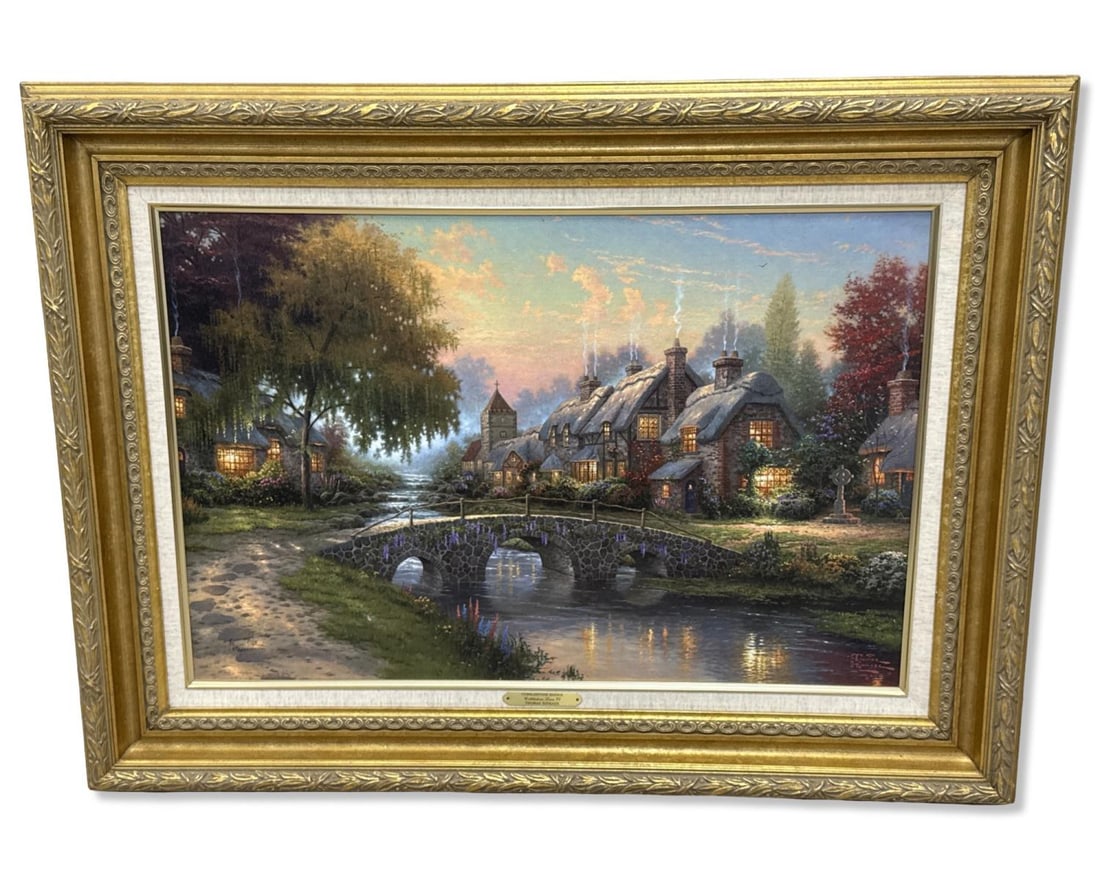 Signed Thomas Kinkade (American, 1958-2012) Print on Canvas Cobblestone Lane IV: Signed Thomas Kinkade (American, 1958-2012) Print on Canvas Cobblestone Lane IV. Signed & numbered 2073/2950, total measurement H: 26 1/8" x W: 35 1/8", subject H: 17 3/8" x W: 26 1/2". Includes COA
