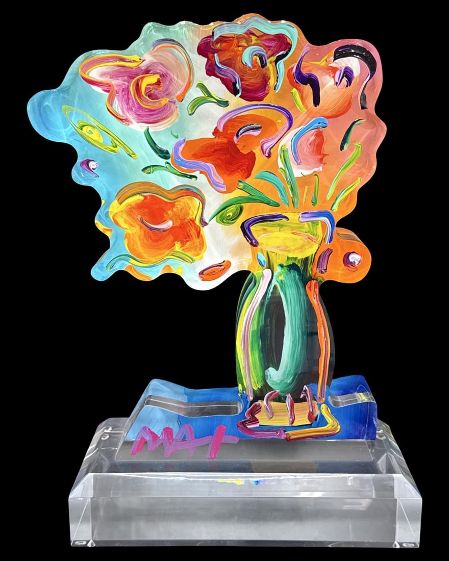 Signed Peter Max (German/American, b. 1937) Vase of Flowers Ver. 1 2017 Hand Painted Acrylic: Signed Peter Max (German/American, b. 1937) Vase of Flowers Ver. 1 2017 Hand Painted Acrylic Sculpture. Total H: 13 7/8" x W: 9 1/2" x L: 4 1/2". Has a scratch on rear of base