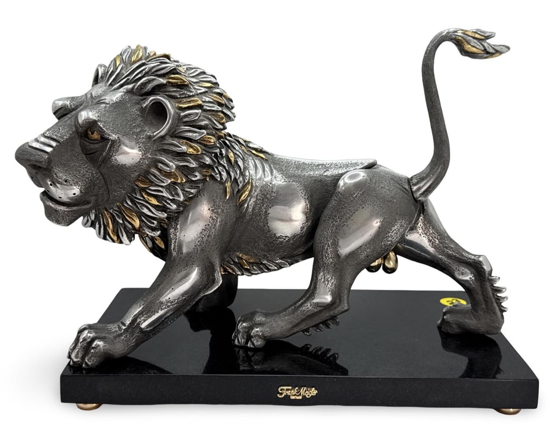 Frank Meisler (Polish/Israeli, 1929-2018) Royal Lion Articulated Figural Sculpture with Meisler: Frank Meisler (Polish/Israeli, 1929-2018) Royal Lion Articulated Figural Sculpture with Meisler Black Marble Base. Head, hips, and tail rotate. Total H: 8 1/2" x W: 11" x L: 6 3/8". Sculpture features