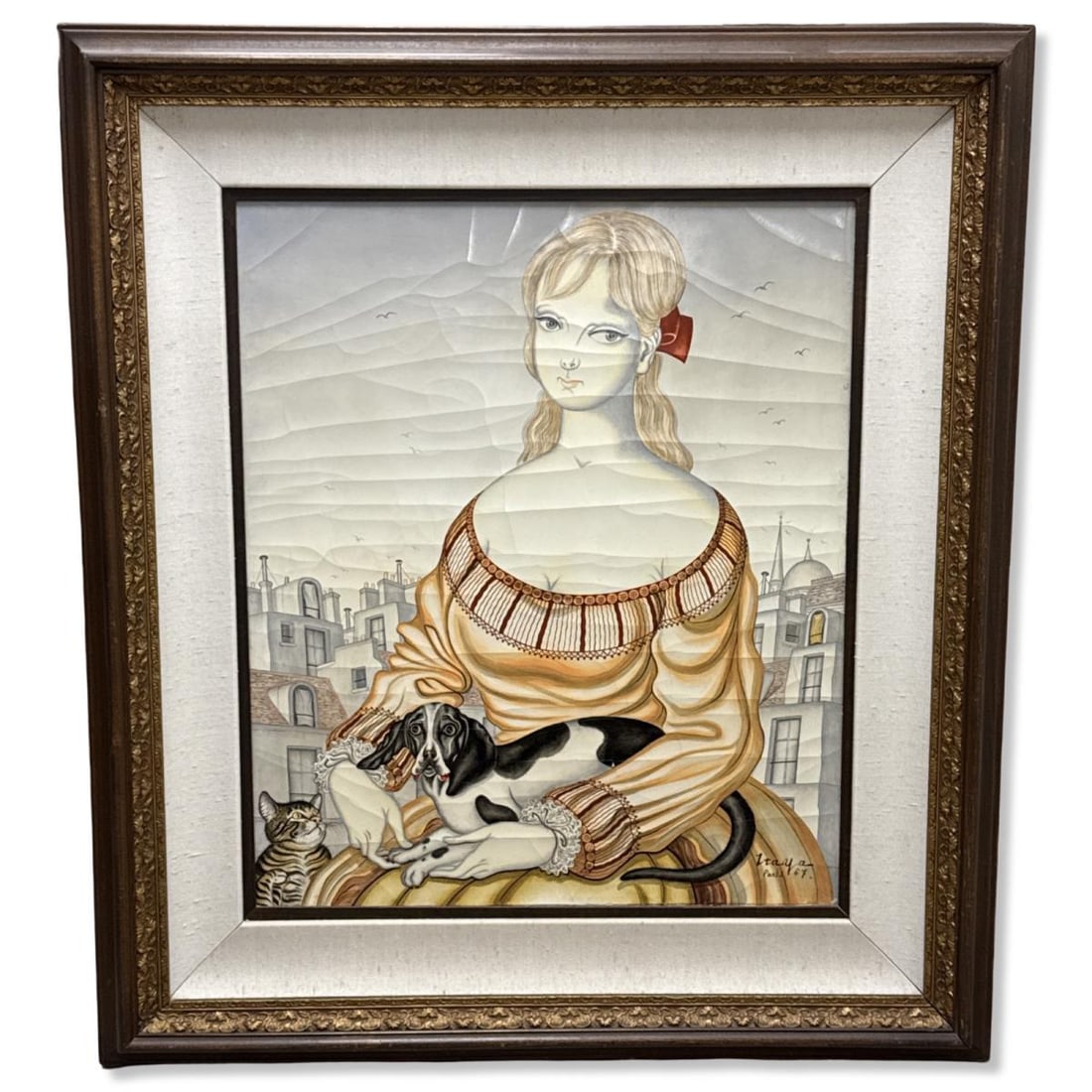 Signed Foussa Itaya (Japanese, b. 1919) Oil Painting on Canvas of a Seated Woman with a Dog and Cat: Signed Foussa Itaya (Japanese, b. 1919) Oil Painting on Canvas of a Seated Woman with a Dog and Cat. Signed and dated lower right, measures H: 21 3/8" x W: 17 7/8", 4 5/8" frame & matte. Has craquelur