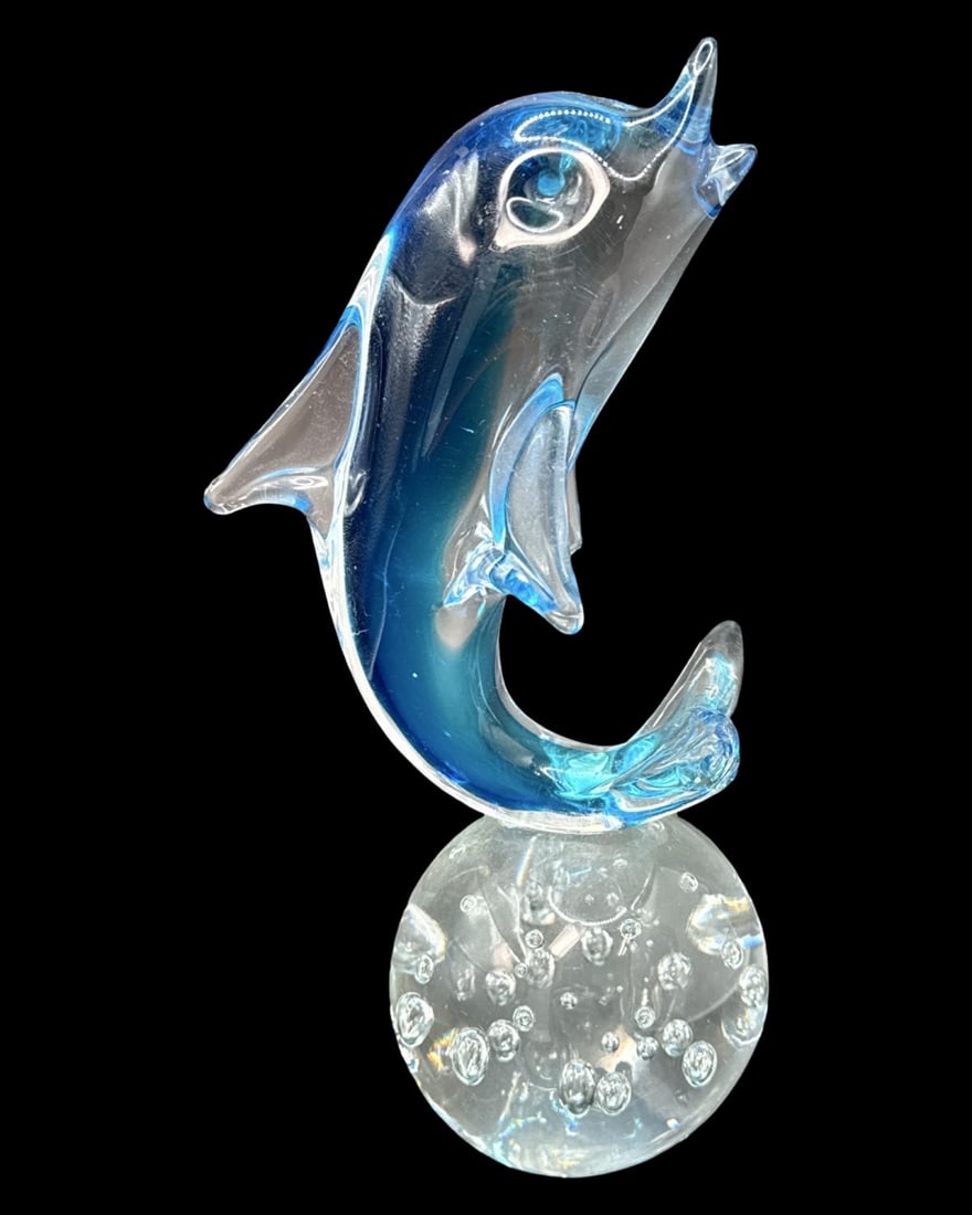 Vintage Clear & Colored Art Glass Dolphin Sculpture: Vintage Clear & Colored Art Glass Dolphin Sculpture measures H: 8" x W: 3 1/4"