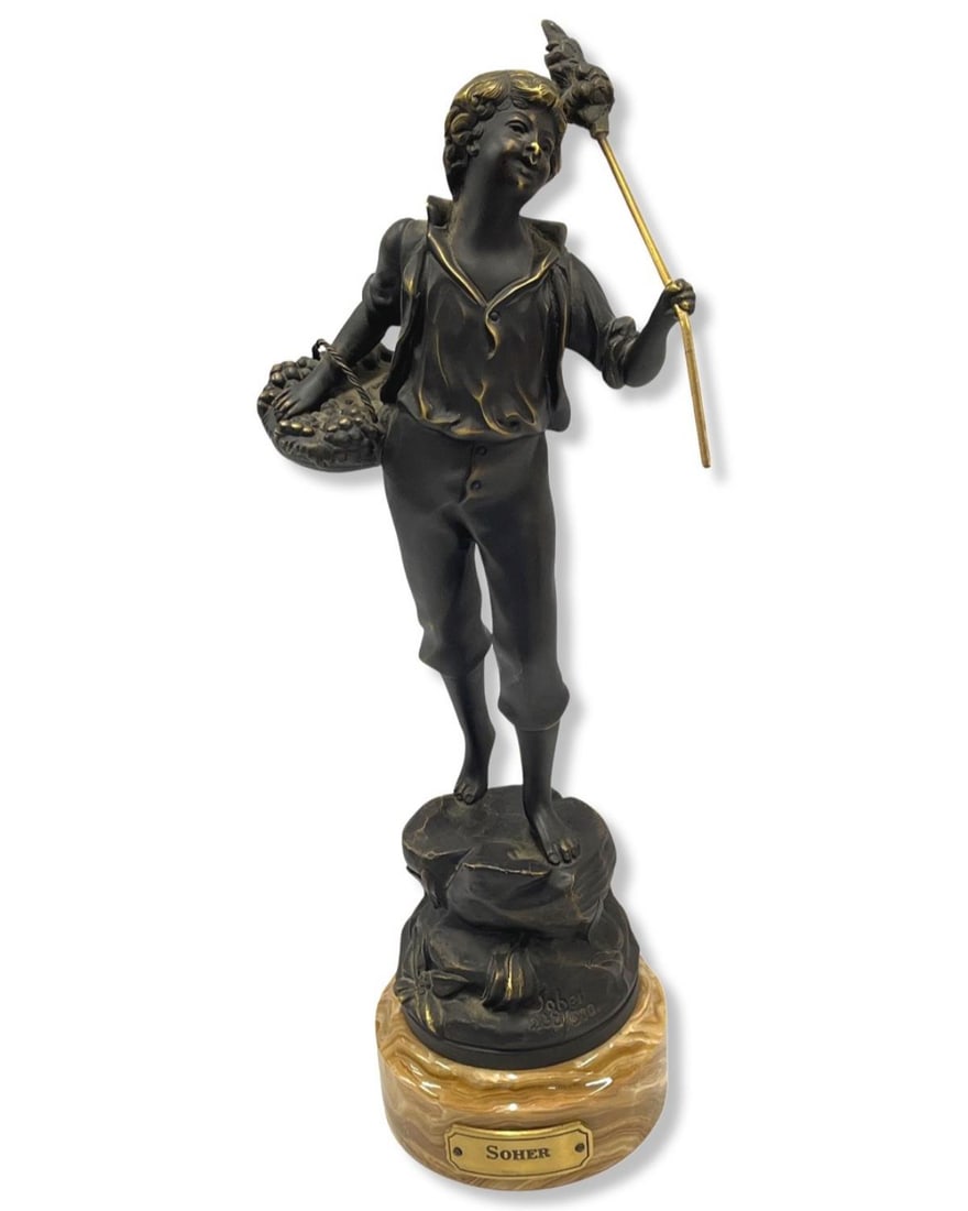 Signed Soher Antique Bronze of a Boy Holding a Basket: Signed Soher Antique Bronze of a Boy Holding a Basket, numbered 238/500