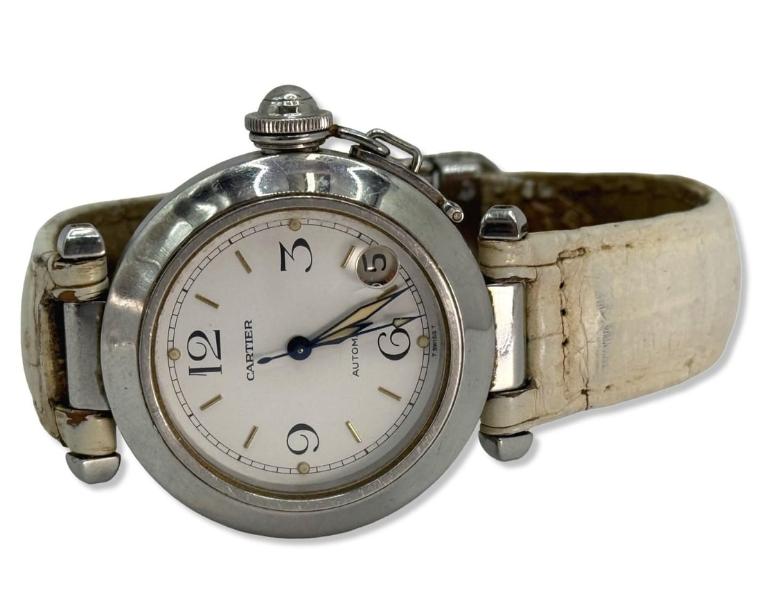 Cartier Pasha Stainless Steel Women's Watch with a White Leather Band: Cartier Pasha Stainless Steel Women's Watch with a White Leather Band. Model No. 2324, 35 mm case, measures DIA: 2 5/8". Watch is in working order, band sold as is