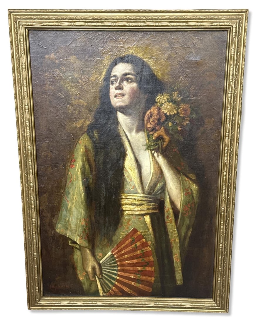 Signed William F. Reyburn (American, 19th Century) Oil Painting on Canvas of a Woman in a Kimono: Signed William F. Reyburn (American, 19th Century) Oil Painting on Canvas of a Woman in a Kimono. Signed lower left, measures H: 29 5/8" x W: 19 5/8", 2 1/8" frame. Includes Bruce Kodner Galleries app