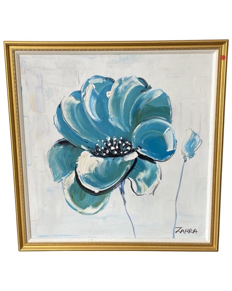 Signed Zahra Original Acrylic Painting on Canvas Blue Flower (1 of 2)