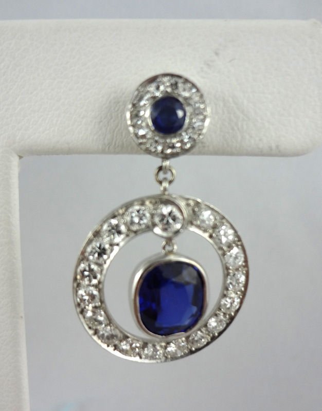 Exquisite Art Deco Diamond Sapphire Ear Pendants - 3