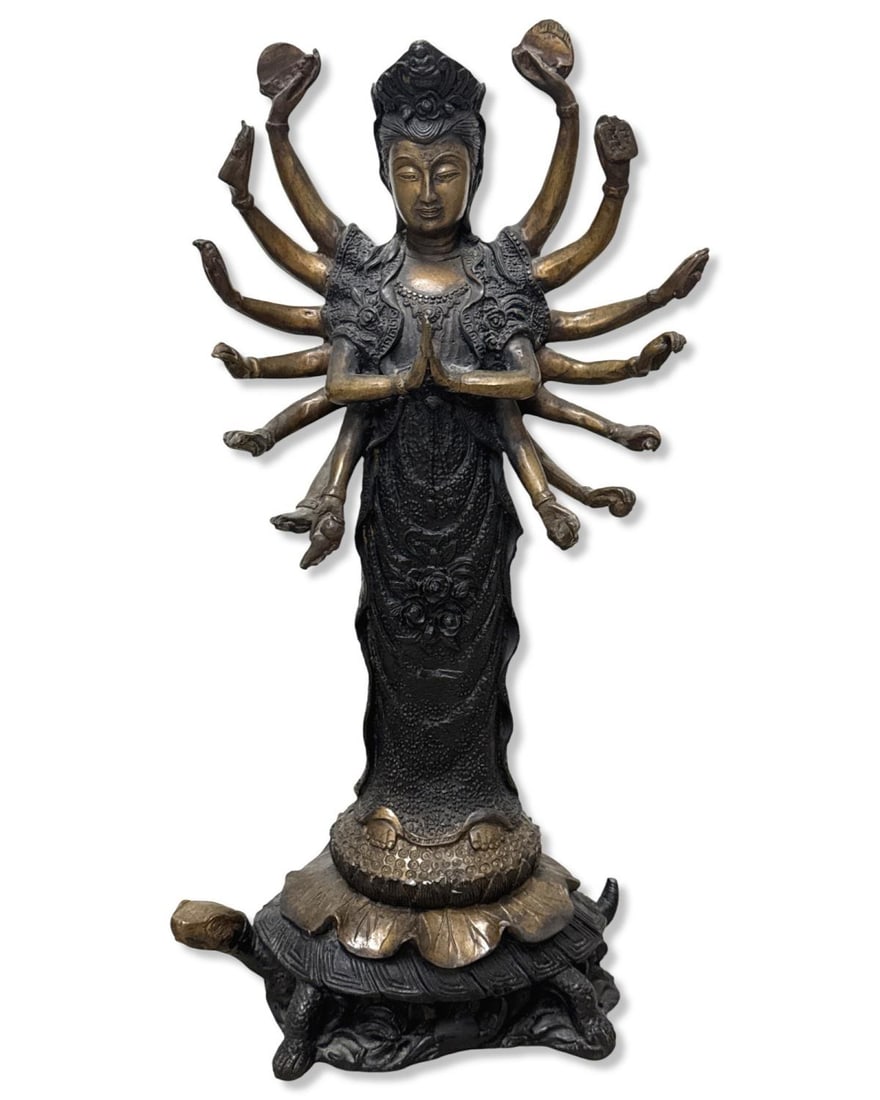 Antique Chinese Guanyin Goddess of Mercy Standing on a Turtle Bronze Sculpture: Antique Chinese Guanyin Goddess of Mercy Standing on a Turtle Bronze Sculpture measures H: 17 3/4" x W: 9" x L: 5 3/8"