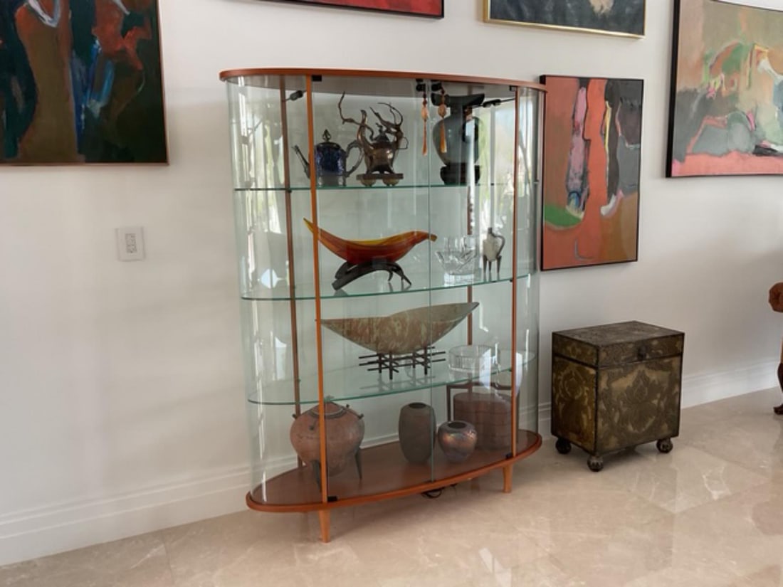 Cherry Wood Vitrine Display Cabinet with Lights: Cherry Wood Vitrine Display Cabinet with Lights H: 66 1/2" x W: 53" x L: 18". Original retail price of $5,590.00