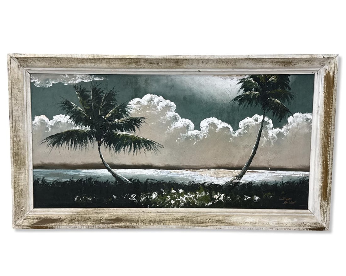 Signed James Gibson (American, 1938-2017) Florida Highwaymen Oil Painting on Upson Board of a: Signed James Gibson (American, 1938-2017) Florida Highwaymen Oil Painting on Upson Board of a Florida Beach Scene. Signed lower right, total measurements H: 29" x W: 53", subject measures H: 22 7/8" x