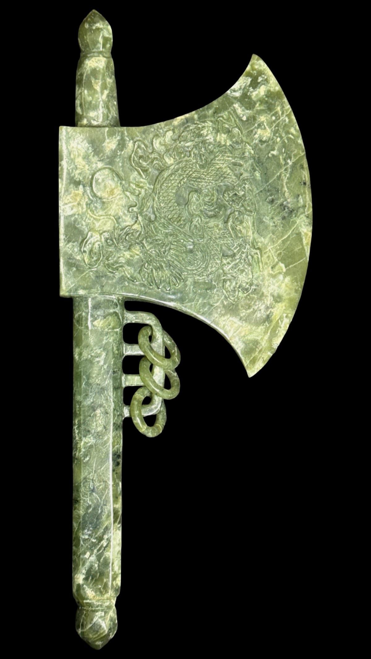 Chinese Hand Carved Multicolored Jade Axe Featuring a Dragon Motif on Both Sides (1 of 4)