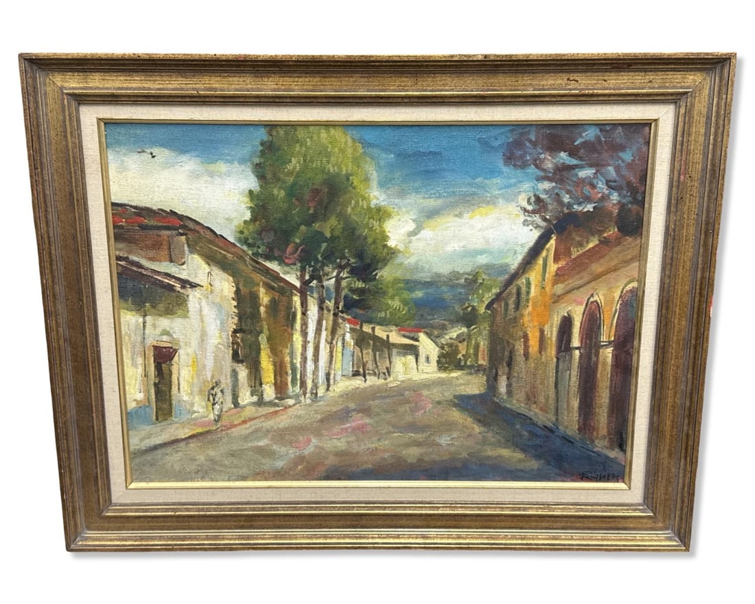 Signed Franco Ruggiero (1910-1996) City Street Scene Oil Painting on Board: Signed Franco Ruggiero (1910-1996) City Street Scene Oil Painting on Board. Signed lower right, total H: 19" x W: 24 1/2"