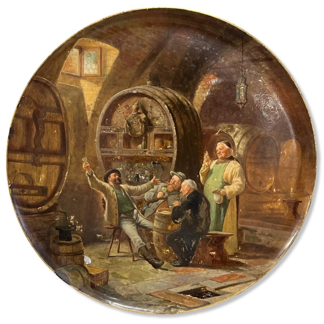 Antique Royal Vienna Hand Painted Porcelain Plaque Interior Scene with a Group of Men Drinking Wine: Antique Royal Vienna Hand Painted Porcelain Plaque Interior Scene with a Group of Men Drinking Wine measures DIA: 19"