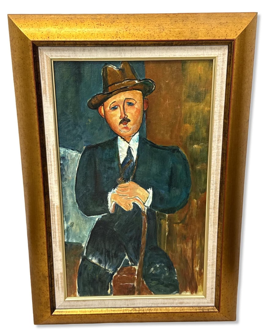 After Amedeo Modigliani (Italian, 1884-1920) Oil Painting on Canvas of a Portrait of a Seated Man: After Amedeo Modigliani (Italian, 1884-1920) Oil Painting on Canvas of a Portrait of a Seated Man measures H: 19 5/8" x W: 11 5/8", 3 3/8" frame & matte