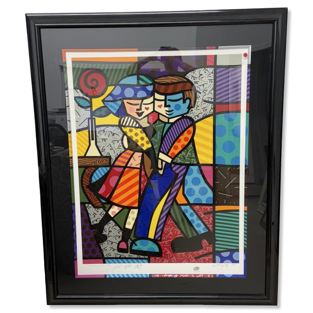 Signed Romero Britto (Brazilian, b. 1963) Cheek to Cheek Limited Edition Silkscreen Print: Signed Romero Britto (Brazilian, b. 1963) Cheek to Cheek Limited Edition Silkscreen Print. Signed by the artist and various celebrities, and numbered 164/300. Total H: 59" x W: 47 7/8". Includes addit