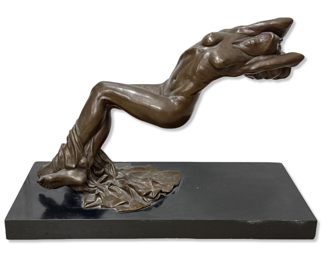 Signed Michael Wilkinson (American, b. 1954) Morning Light Bronze Sculpture on Wood Base: Signed Michael Wilkinson (American, b. 1954) Morning Light Bronze Sculpture on Wood Base. Signed, dated '82, and numbered 1/25. Sculpture figure measures H: 13 1/4" x W: 18", base measures H: 1 1/2" x