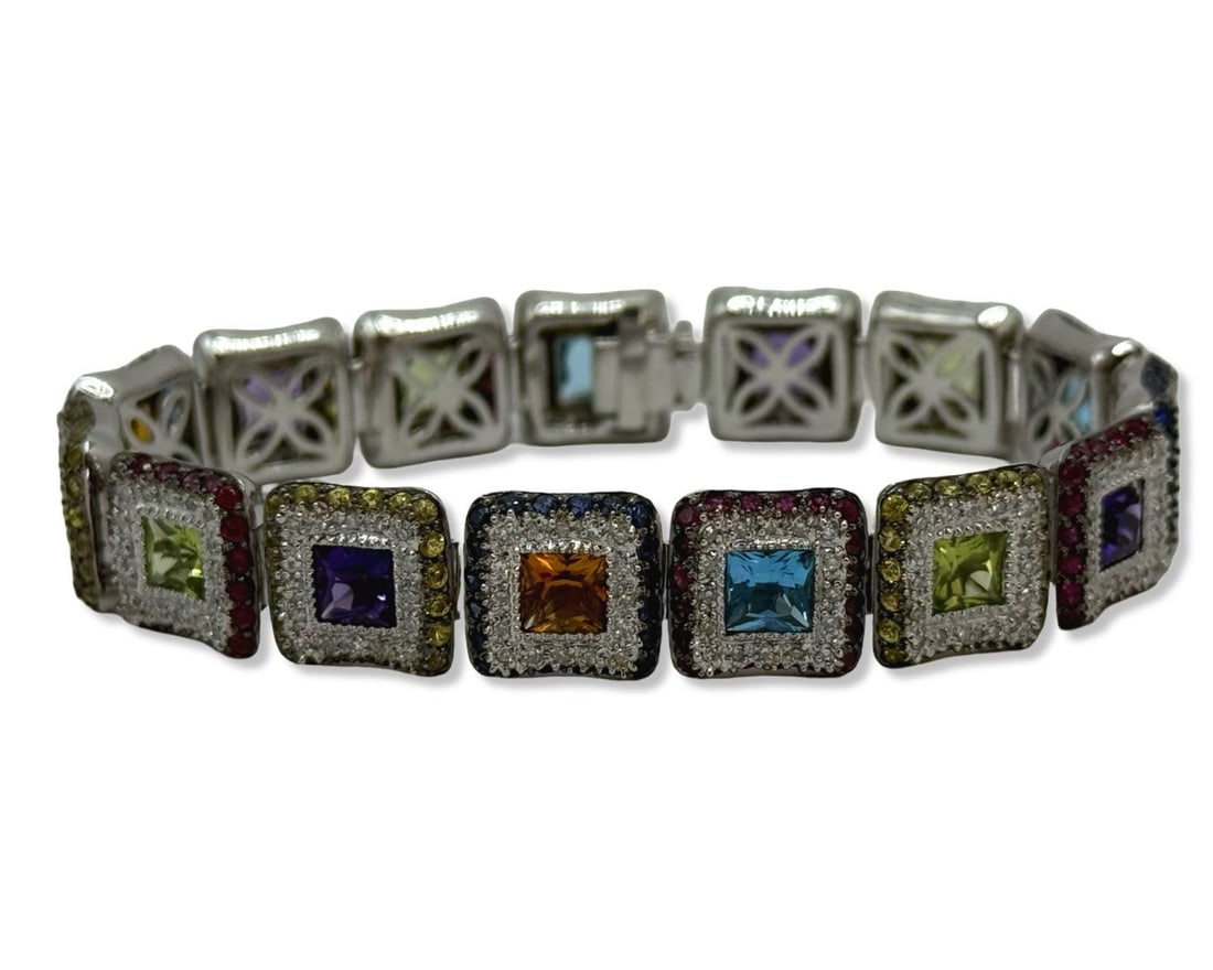 14kt WG, Diamond, & Assorted Precious Gemstone Square Link Bracelet (1 of 4)